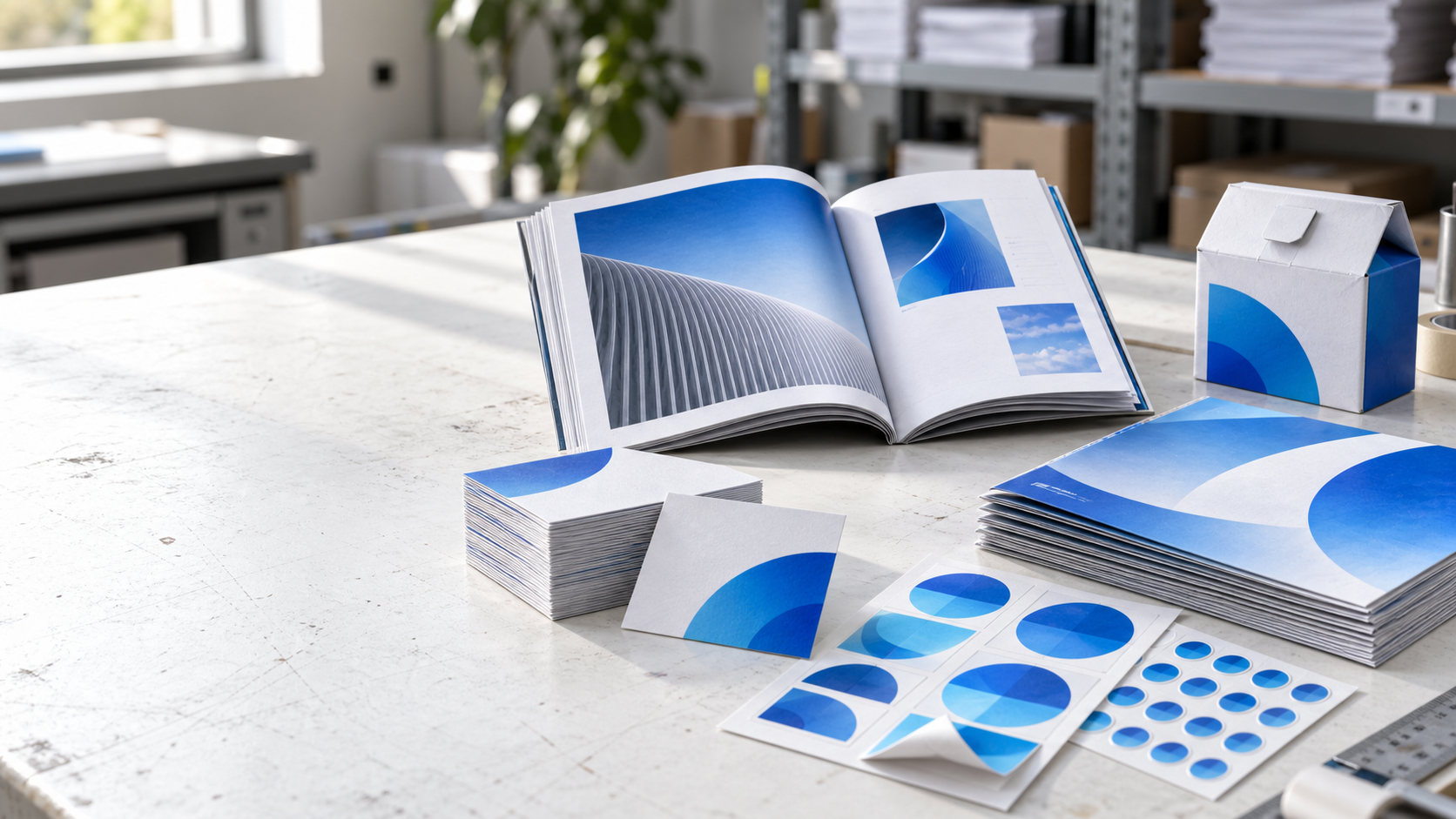 Concept image of blue-and-white business cards, brochures and stickers